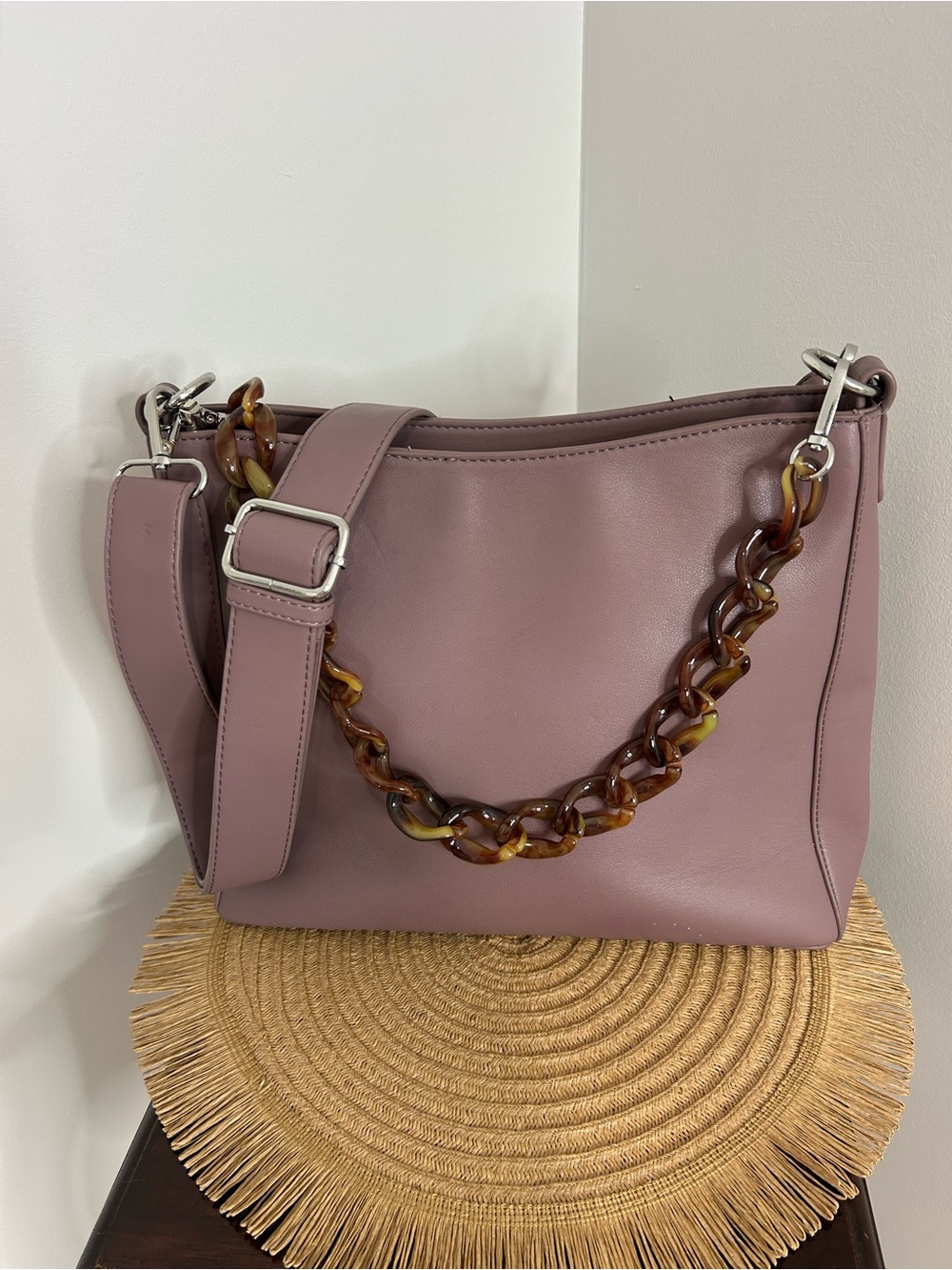 Beautiful Dusty Mauve Shoulder Bag with Tortoiseshell-Link Chain❤️13x10x4